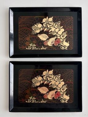 Vintage Otagiri Japan 2 Black Lacquer Trays Gold Quail Red Floral Mid Century